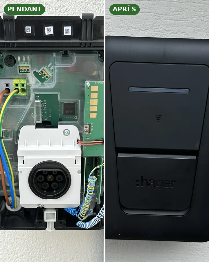 Borne de recharge Hager : câblage intérieur pendant la pose, puis borne fermée et en service